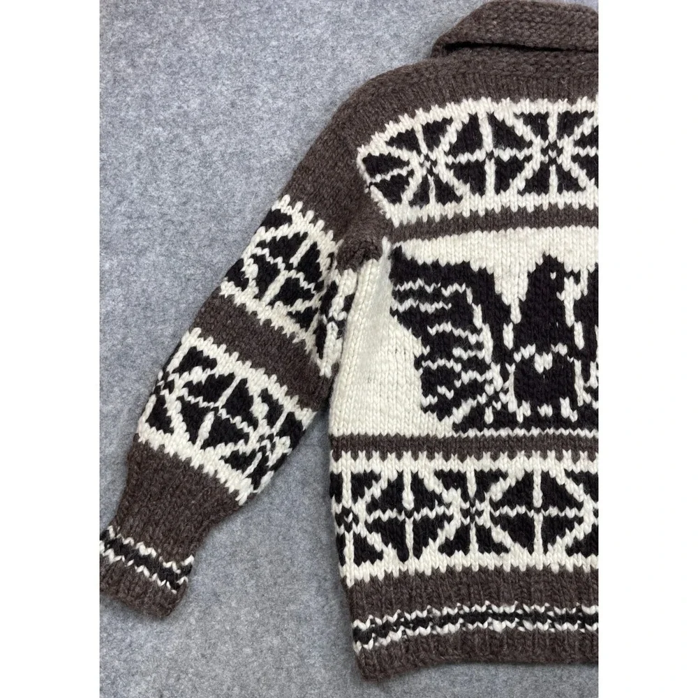 Vintage Cowichan Sweater Ivory Brown Medium Eagle Whale Hand Knit Native 60s 70s